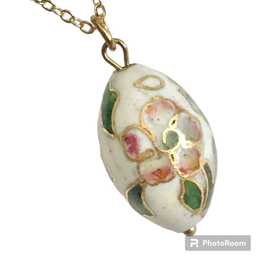Vintage Cloisonne Flower Egg Oval Bead Necklace Aqua Pink Enamel Gold Plated 18"